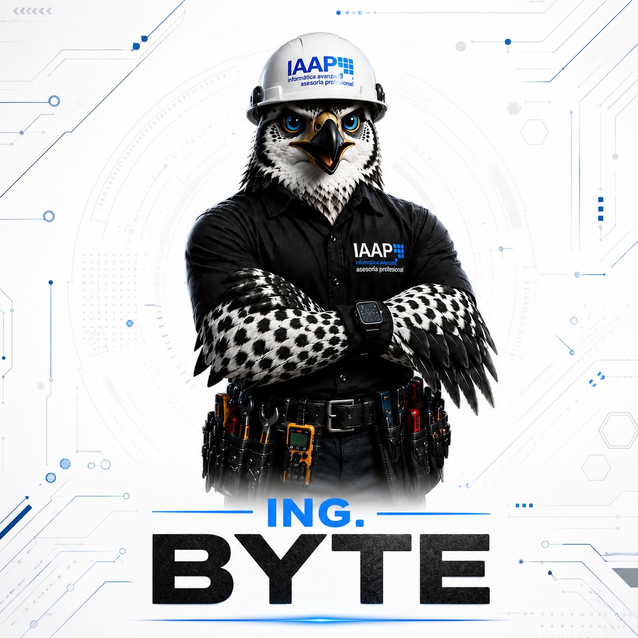 ING. BYTE, mascota oficial de IAAP con casco y herramientas de ingeniería